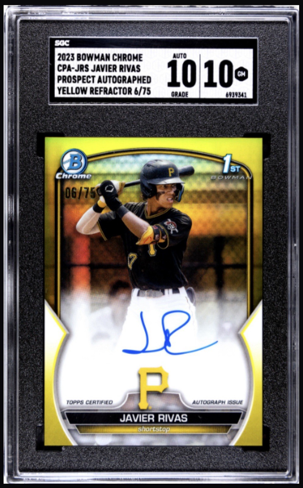 2023 Bowman Chrome Javier Rivas Yellow Refractor Auto CPAJRS /75 SGC 10 Auto 10
