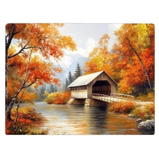 Fall Season Covered Bridge Pattern Kitchen Glass Cutting Board Decorative Mot...