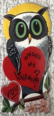 Unused Valentine Owl Moon Big Green Eyes Whoo Vtg Greeting Card 1950s 1960s