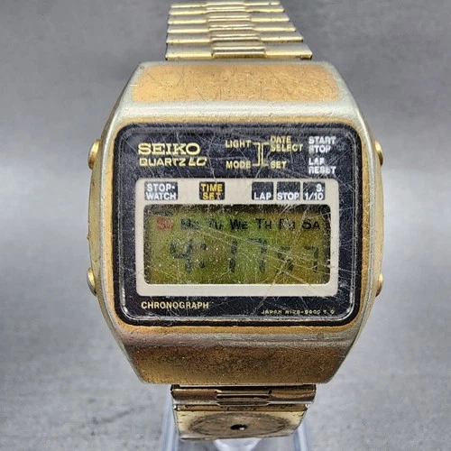 Seiko Digital Watch Men 34mm Gold Tone Chronograph Daydate A128-5009 READ Newbat