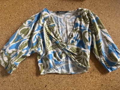 Zara Crop Bluse Shirt bunt Muster Gr. XS 34 Sommer Leinen Viskose Oberteil Top