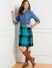 NEW $119 TALBOTS Green Fringe Wrap Wool Blend Skirt - Frost Plaid Sz 10