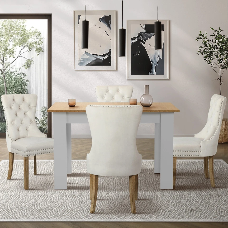 Oikiture 160cm Extendable Dining Table with 4PCS Dining Chairs Velvet Beige - image 2 of 4