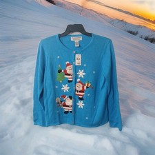 Tiara International Christmas Collection Santa Sweater Women XL Button 83437 Vtg