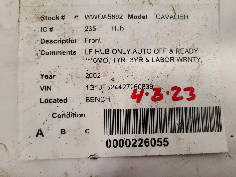 Used Front Wheel Hub fits: 2002 Chevrolet Cavalier Front Front Grade A - Image 3 of 4