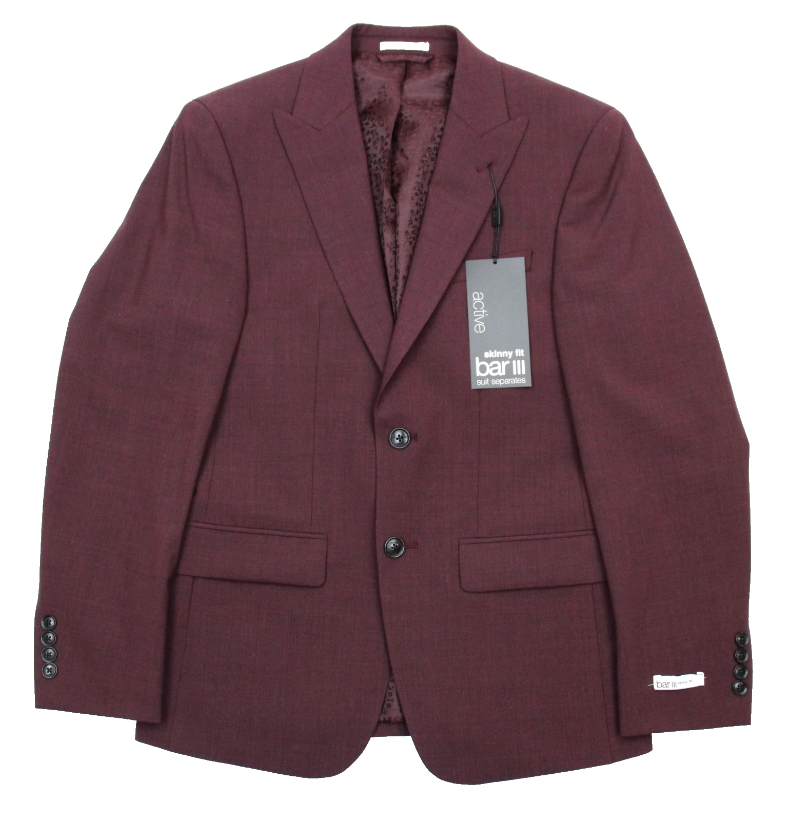 Bar III Suit Jacket 40 L Mens Skinny Fit Burgundy Red Wool Peak Two Button NWT