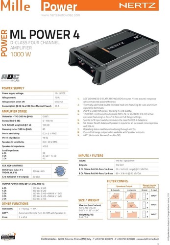 Amplificatore 4 Canali Hertz Linea Mille Power ML Power 4 Nuovo 1000W Top Gamma - Foto 16 di 16