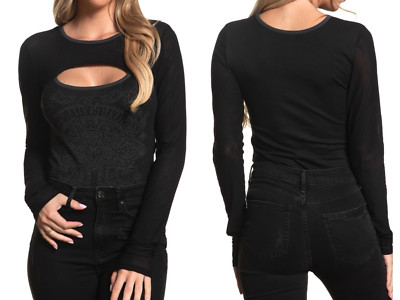 AFFLICTION Women's Long Sleeve Bodysuit SAINT EDITH Top Black Biker