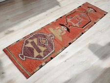 3x10 Runner Rug HandMade PRIMITIVE HUMAN Motif Low Pile Hallway Rug 2.6 x 9.7 ft