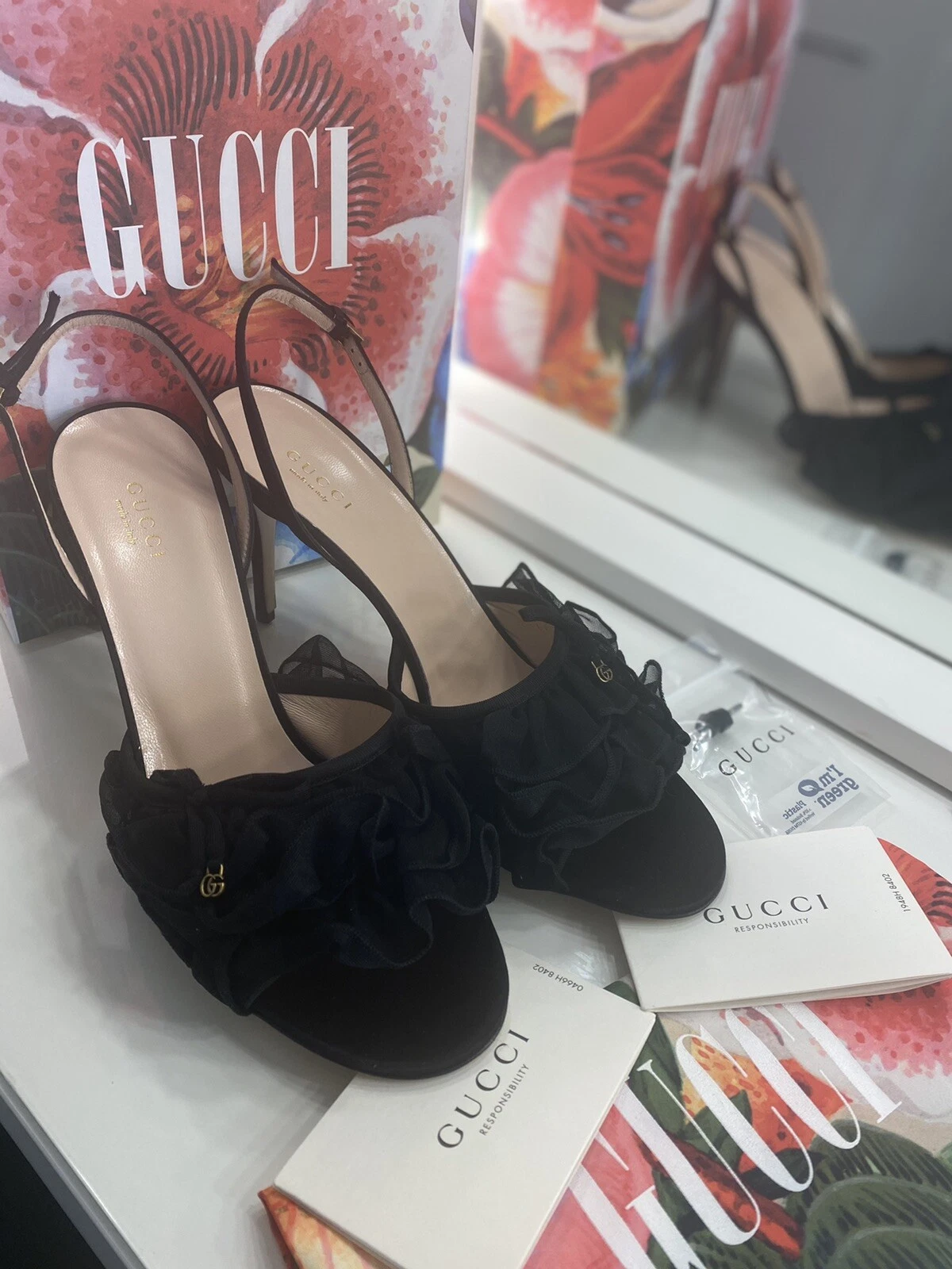 Sandales/chaussures femmes designer Gucci GG noir tulle écharpe fête talons uk 7