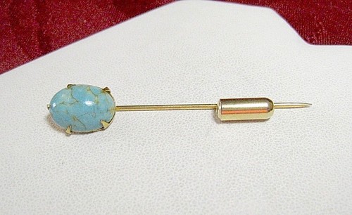 ANTIQUE GOLD TONE OVAL TURQUOISE CABOCHON PRONG SET STICK PIN VINTAGE - Picture 6 of 7