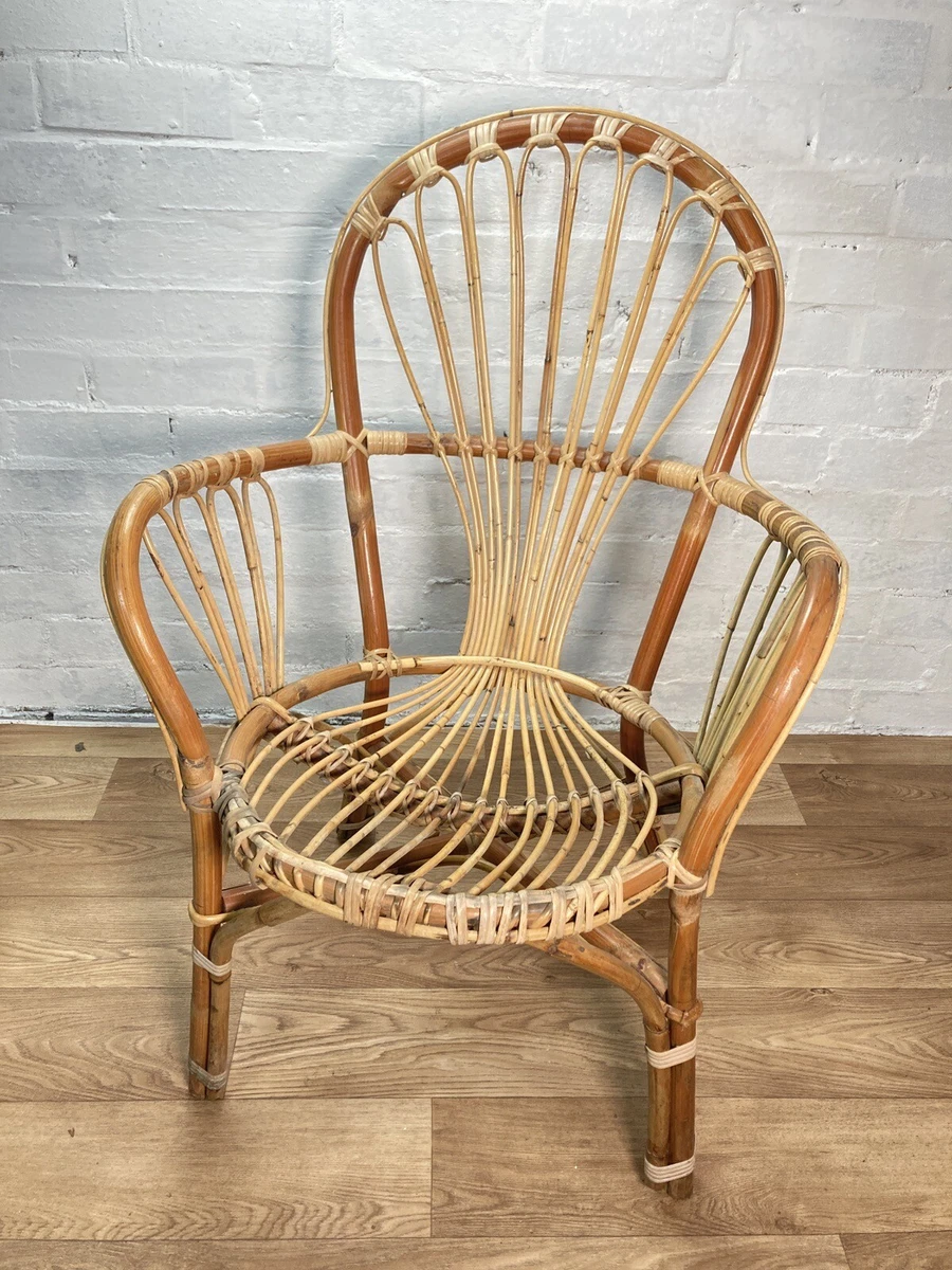 A Mid Century Woven Cane Wicker Bamboo Boho Lounge Chair eBay