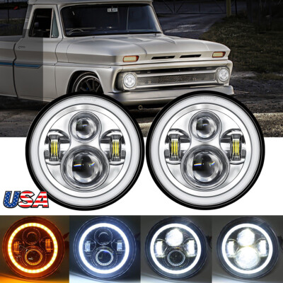 2PC 105W Chrome 7'' Round LED Halo Headlights DRL for Chevy C10 C20 C30 Chevellve