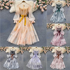 Donna Rete Abito Midi Puff Maniche Pizzo Swing a-Line Rétro Elegante Fairy Nuovo