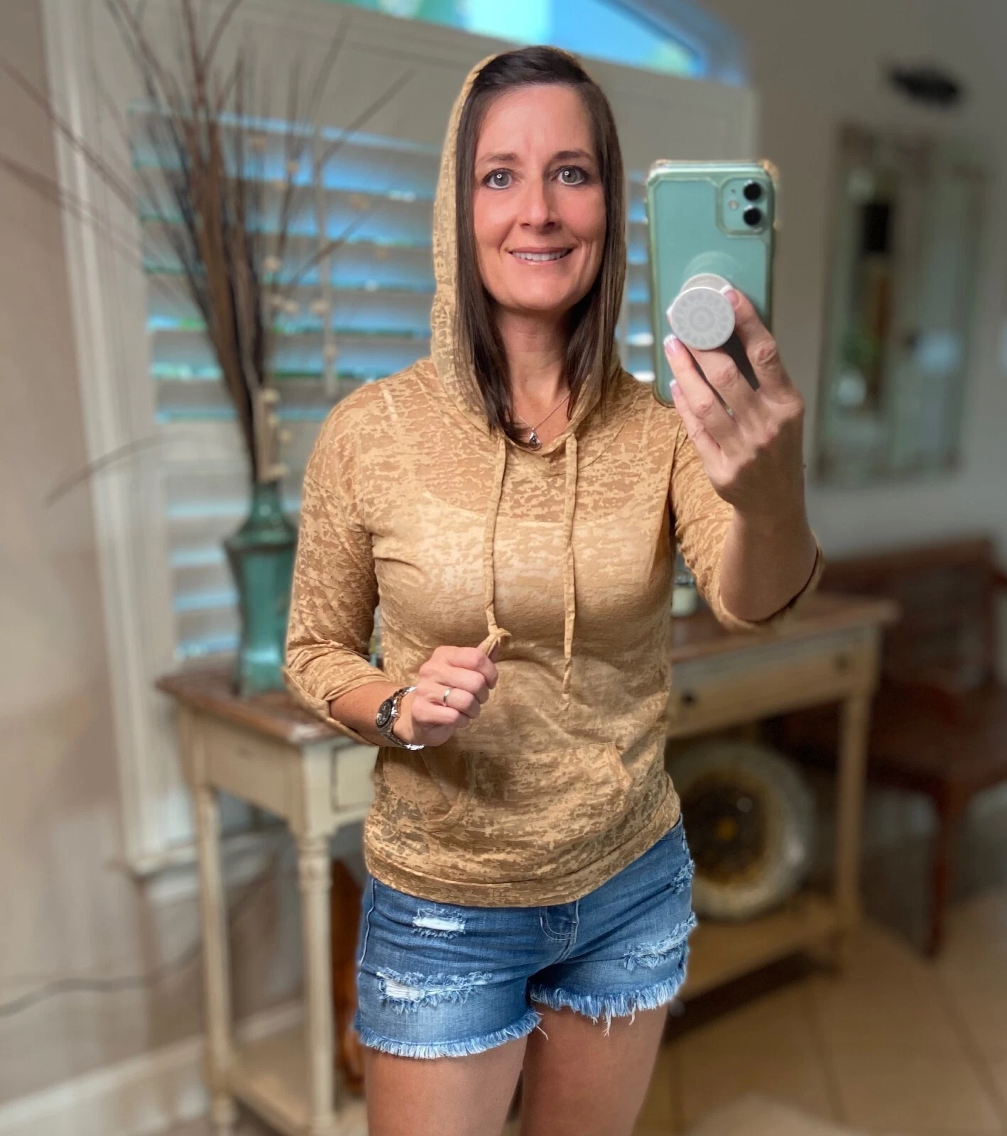 Sheer Hoodie Top Medium Brown Burnout Drawstring Tissue Long Sleeve Tan Sexy