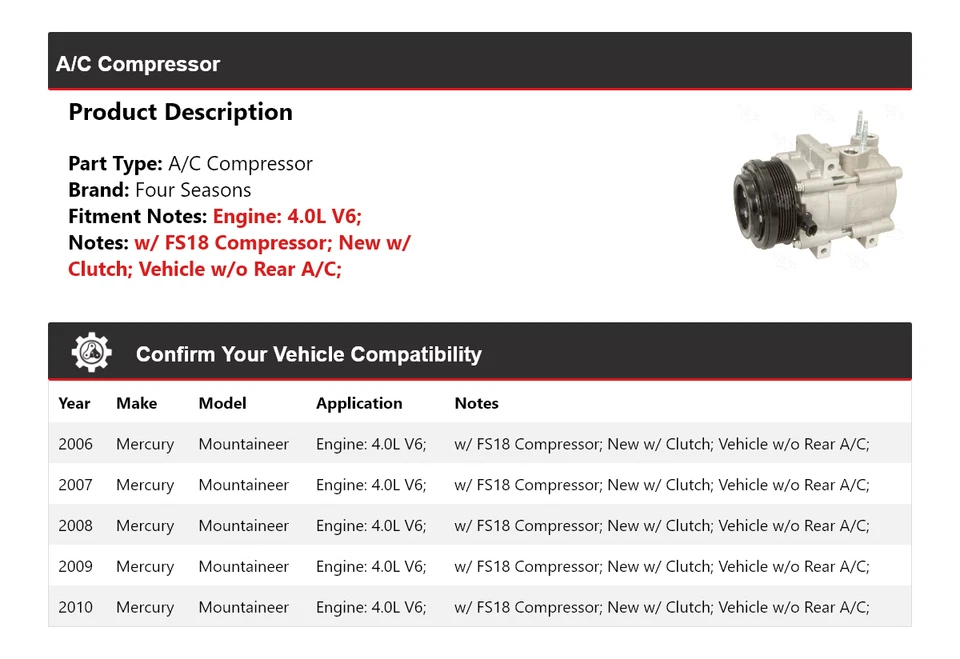 Compresor de aire acondicionado Mercury Mountaineer 2006-2010 4,0 L V6 4 estaciones 2007 2008 Foto 2 de 4