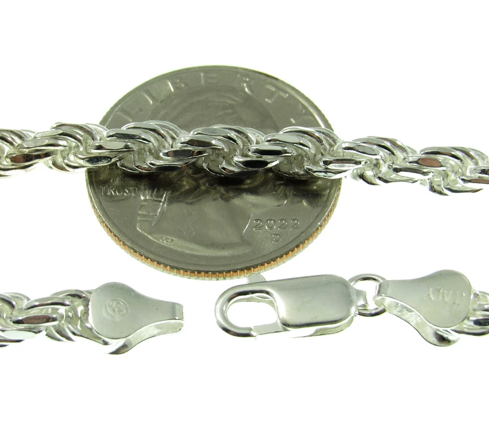 Pulseira ou colar de prata esterlina 925 sólida 5 mm com corrente de corda corte de diamante Itália - Imagem 2 de 4