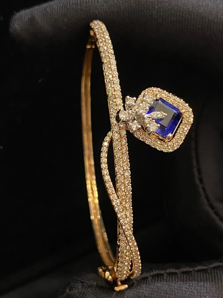 Pave 4,70 Cts Runde Brilliant Cut Diamanten Saphir Armreif Armband In 14K Gold - Bild 4 von 4