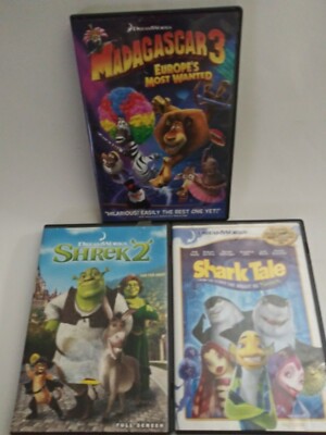 Kids Dvd Movie Lot Of 3 Madagascar 3/Shrek2/Shark tail. Good Condition.