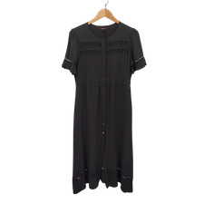 Quince Lightweight Crepe Lace Inset Midi Dress TRUE Black Basic Sleeved M