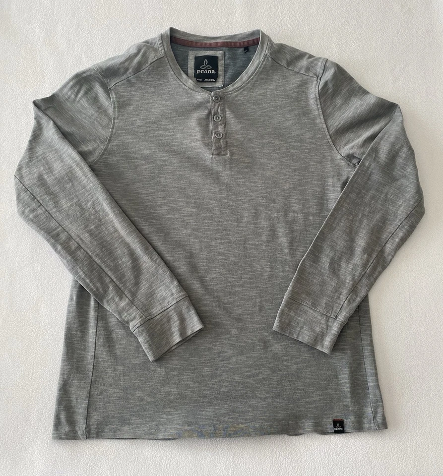 prAna Shirt Men's Medium Henley 3 Button Solid Gray Long Sleeve Hiking Shirt - Image 2 of 4