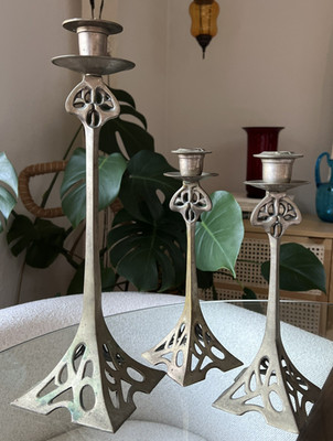 Art Nouveau Brass Candlesticks Set 3 Eiffel Tower Openwork Jugendstil