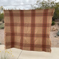 Vintage Wool Throw Blanket Camel Tan Tartan Plaid label GT BRITAIN SEE 55x67"