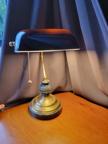 Vintage Bankers, Student, Piano Lamp Brass & Stone Black Shade - Picture 21 of 22