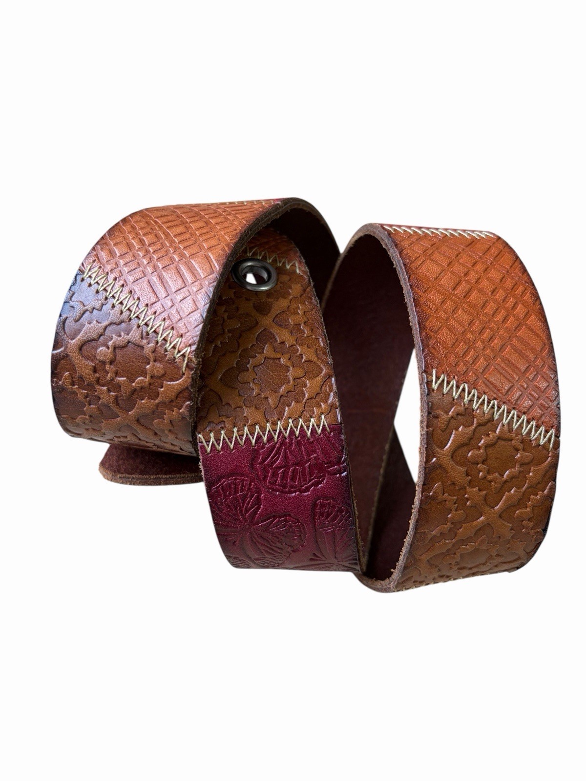 Fossil Brown Red Textured Patchwork Leather Belt … - image 2
