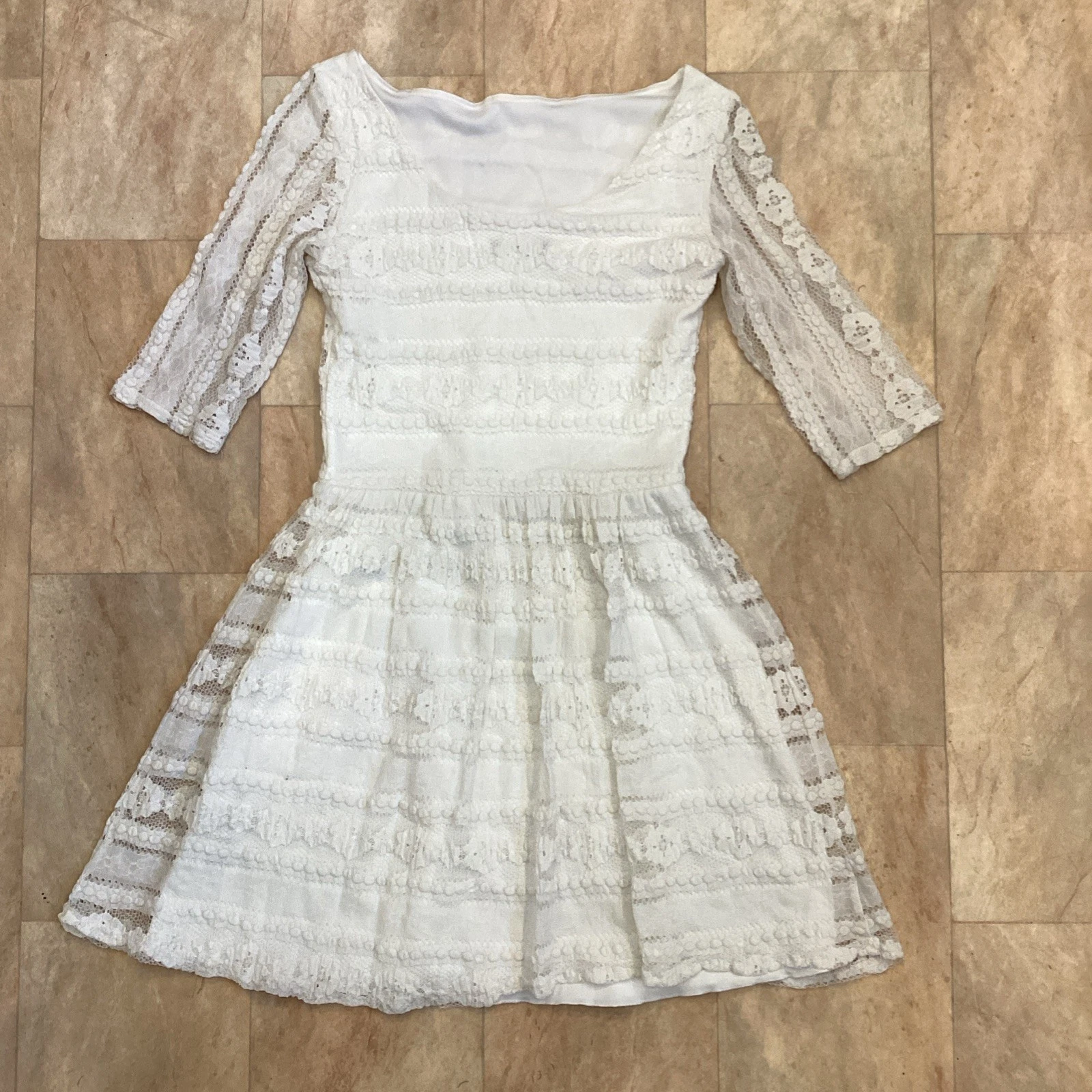 OFF WHITE Abito Jane Norman bianco sporco panna pizzo manica corta foderato scoop dietro taglia 12