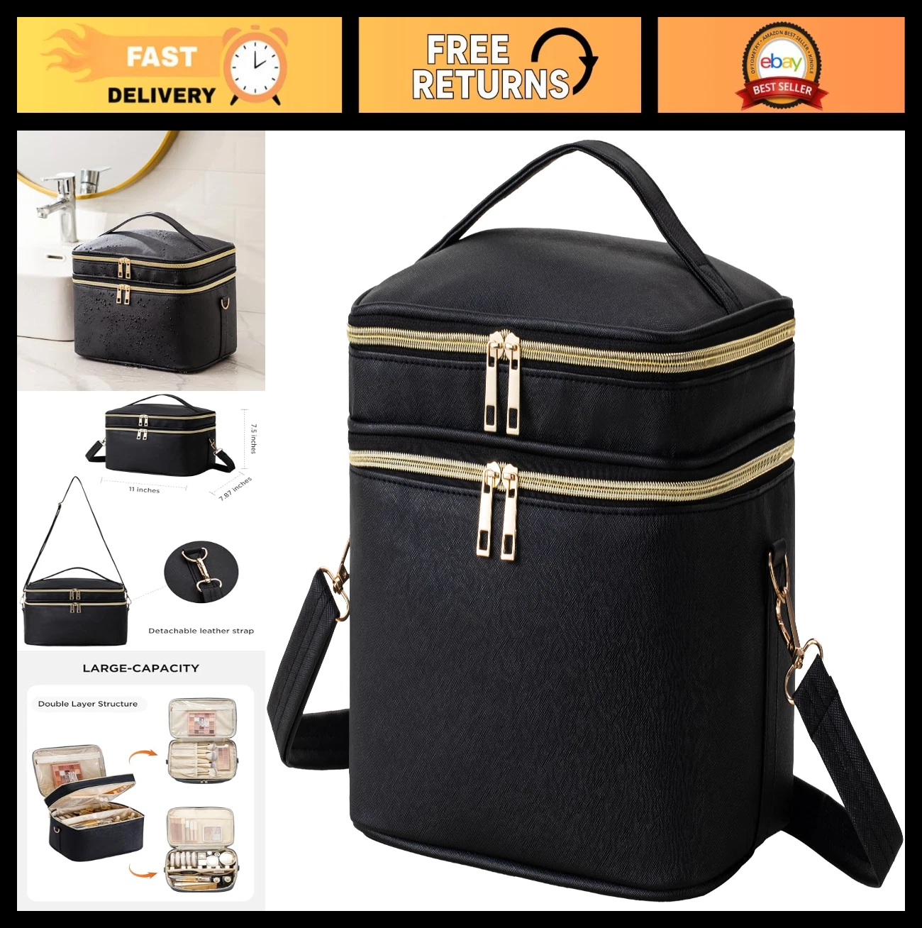 XL Travel Makeup Bag Organizer - Waterproof Leather Cosmetic Case with Dividers,