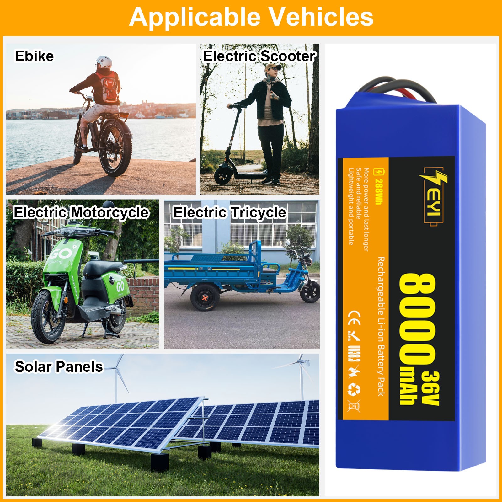 36V 8Ah Rechargaeble Lithium Battery Pack, for 0-1000W Electric Bicycles Motor