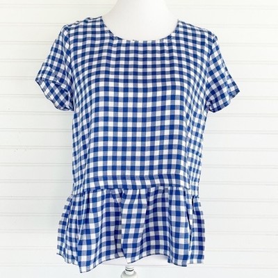 Hem & Thread Top Small Blue White Gingham Peplum Open Tie Back Short Sleeve