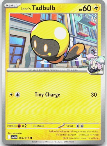 Yellow-bordered Iono’s Tadbulb card 069/217 with art of floating yellow robot and text “Tiny Charge” 30.