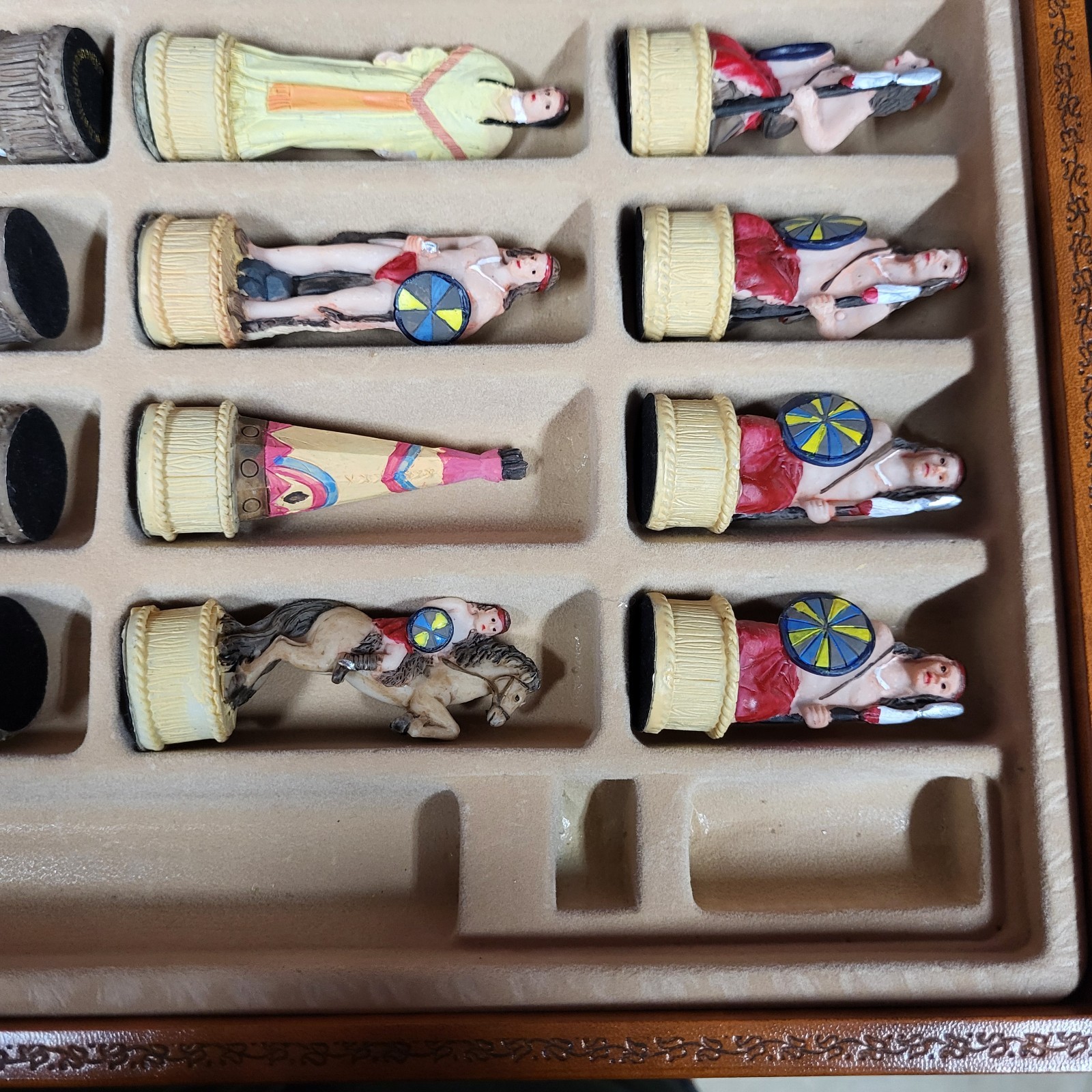 Vintage Italfama Italy Chess Set Leather Board American West Cowboys And Indians