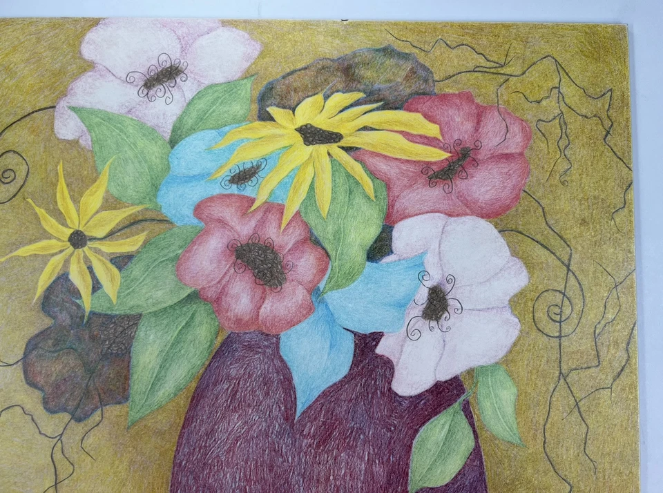 "Ramo de flores en florero arte popular naturaleza muerta color lápiz dibujo 11x14""" Foto 3 de 4