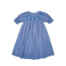 Blue Swiss Dot Geometric Smocked with Daisy Embroidery Short Sleeve Dress