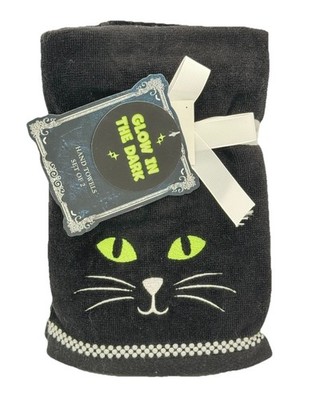 Well Dressed Home Halloween Black Cat Hand towels Set of 2 Glow in the Dark NEW!