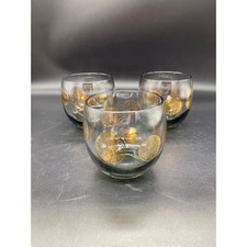 MCM Mid Century Smoke Roly Poly Set of 3 Cocktail Glasses with Gold Roman Coins