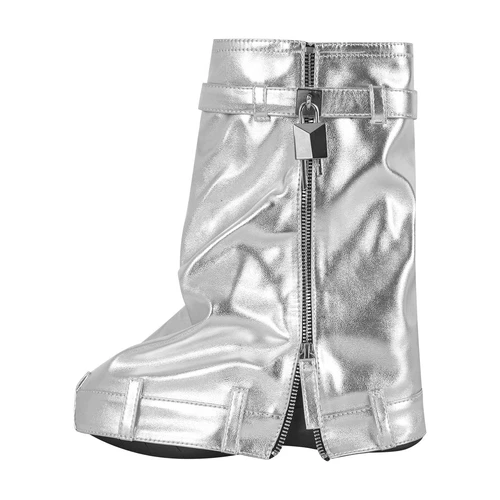 Punk Goth Womens Buckle Zipper Leather Round Toe High Wedge Heels Mid Calf Boots - Picture 14 of 51