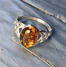Sterling Silver Honey Amber Celtic Knot Oval Ring Size 8