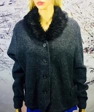 Jillian Jones Wool Jacket Dark Gray w/ Black Faux Fur Collar L NEW Tags $200