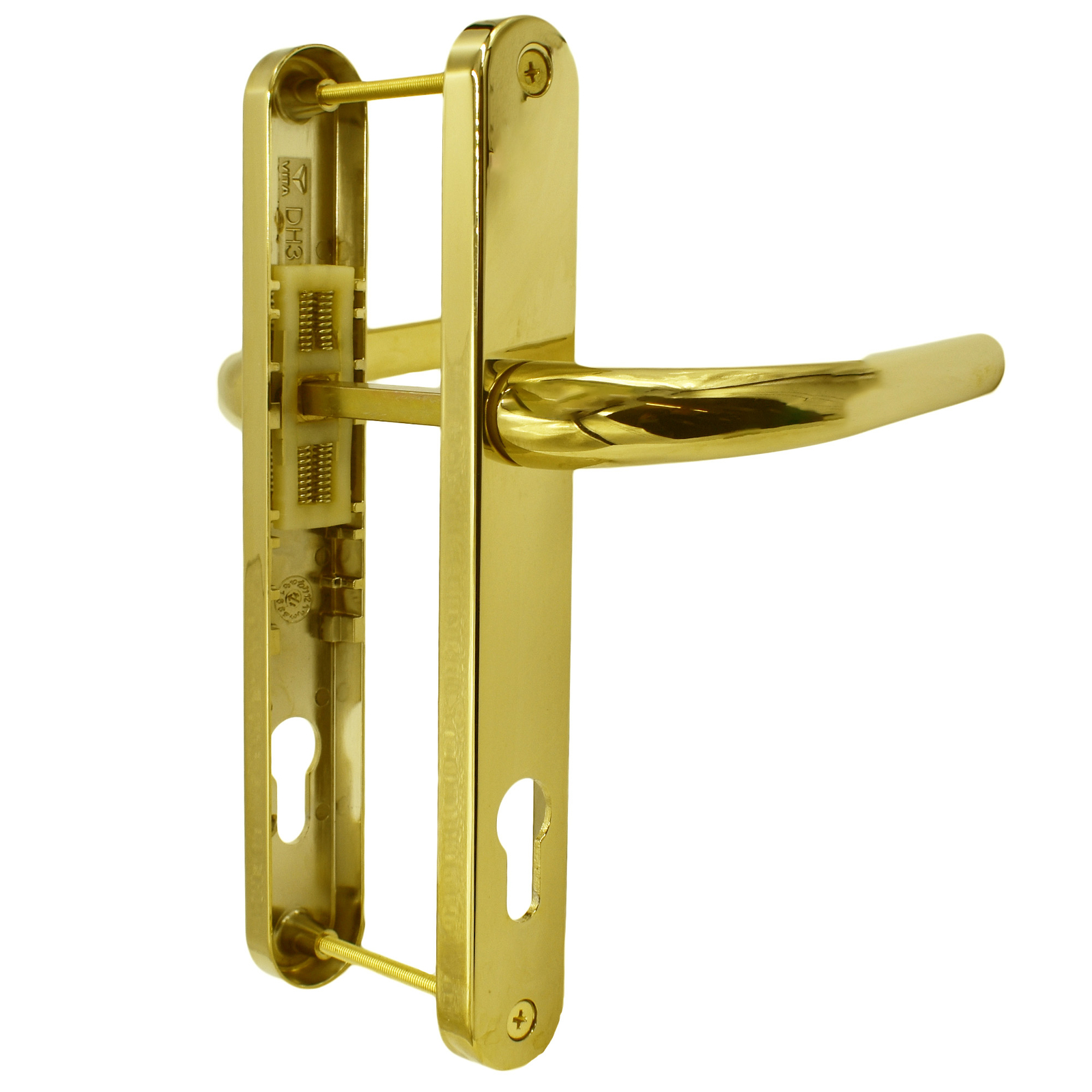 PVD Polished Gold UPVC Door Handle Set 92 Lever Pair 215mm Fix 240mm