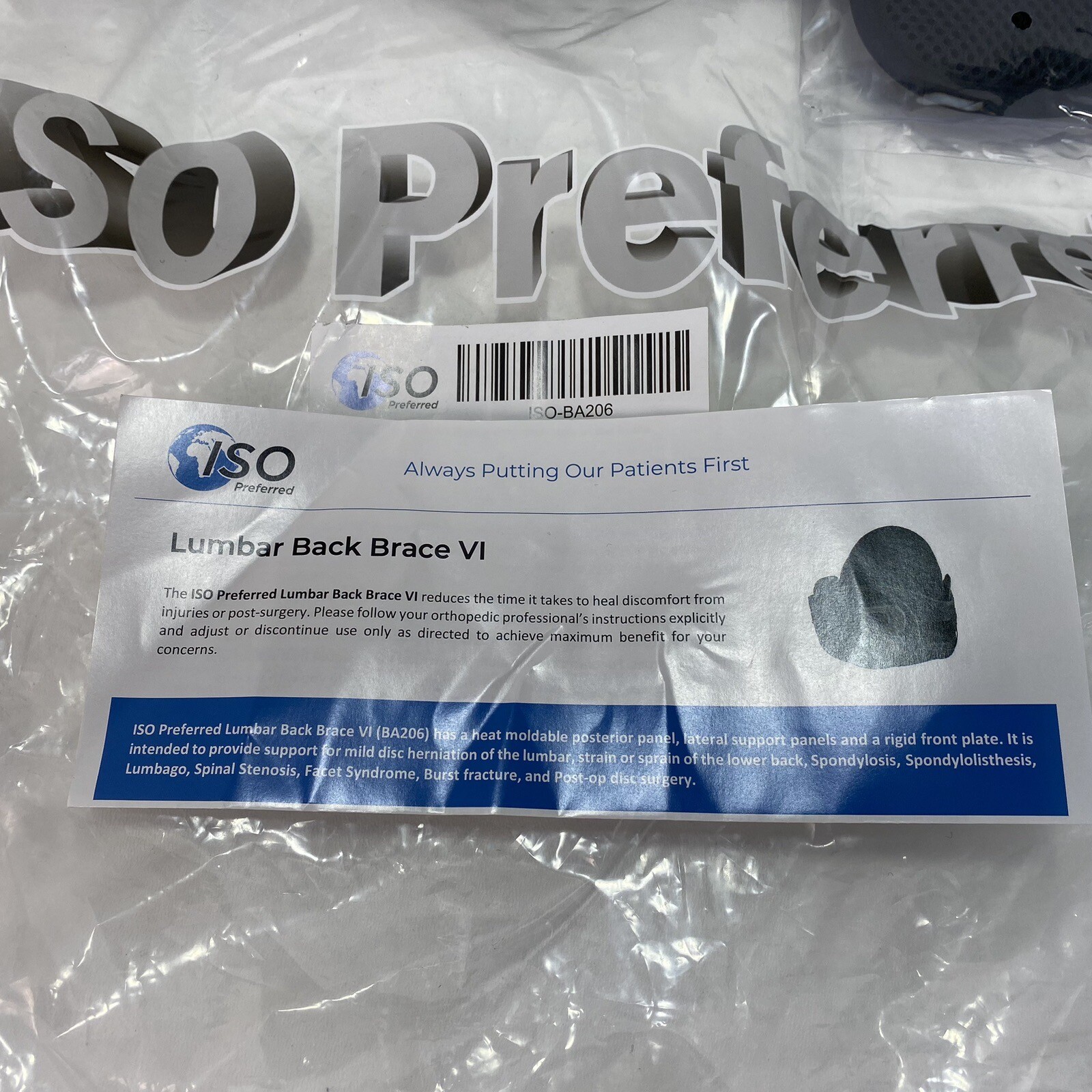 ISO Preferred Lumbar Back Brace VI ISO-BA206 Black. Sz Small: 25-32"