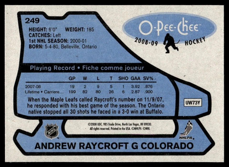 2008-09 O-Pee-Chee 1979-80 Retro Andrew Raycroft Colorado Avalanche #249 - Image 2 of 2