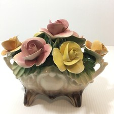 Nuova Capodimonte Porcelain Rose Bouquet Basket Pink Yellow 10x7 Spring Decor