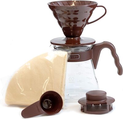 Hario V60 Pour Over Starter Set with Dripper, Glass Server, Scoop and Filters,