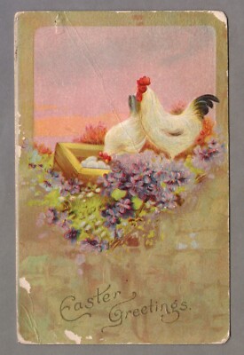 Early 1900s Easter Postcard, Roosters, Flowers/Floral, Antique Vintage Retro