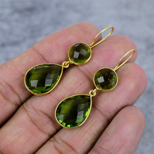 Peridot Gemstone Handmade 925 Sterling Silver Earring Jewelry Gift For Her 2" - Picture 3 of 6