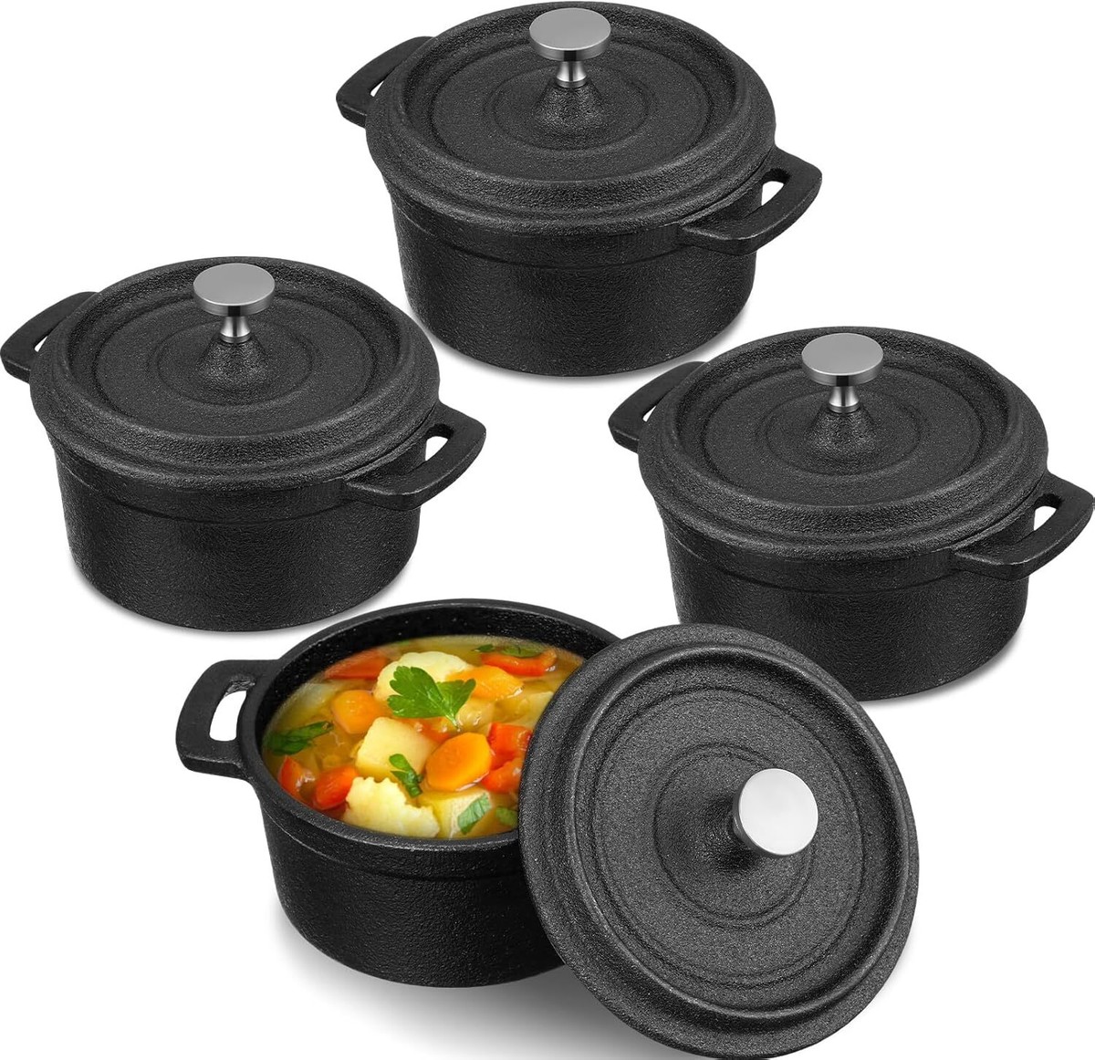 4 Pcs Mini Dutch Oven Small Round Iron Cocotte Black 20 oz, black